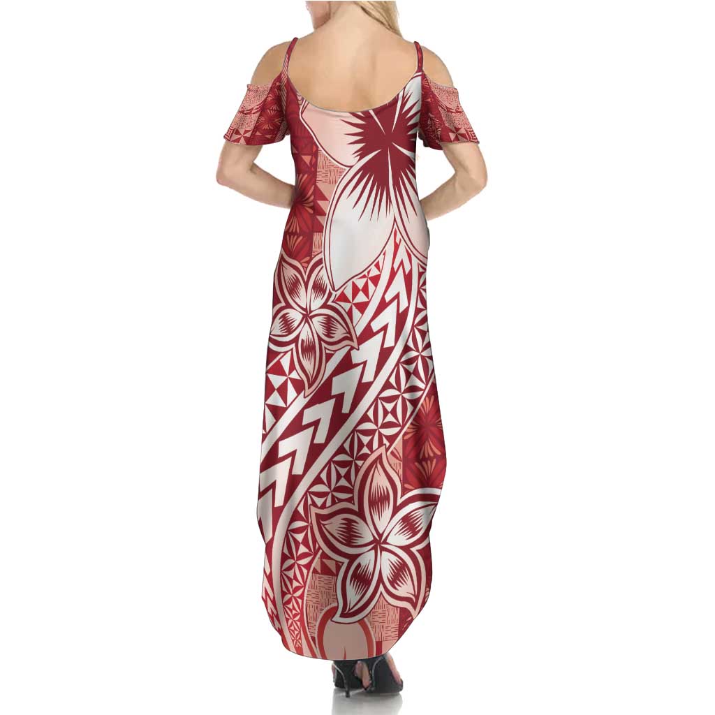 Tonga Kupesi Ngatu Family Matching Summer Maxi Dress and Hawaiian Shirt Vintage Red Plumeria LT05 - Polynesian Pride
