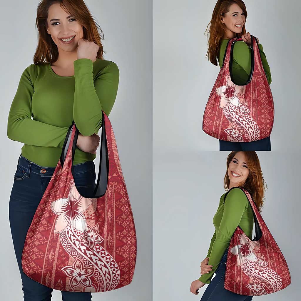 Tonga Kupesi Ngatu Grocery Bag Vintage Red Plumeria