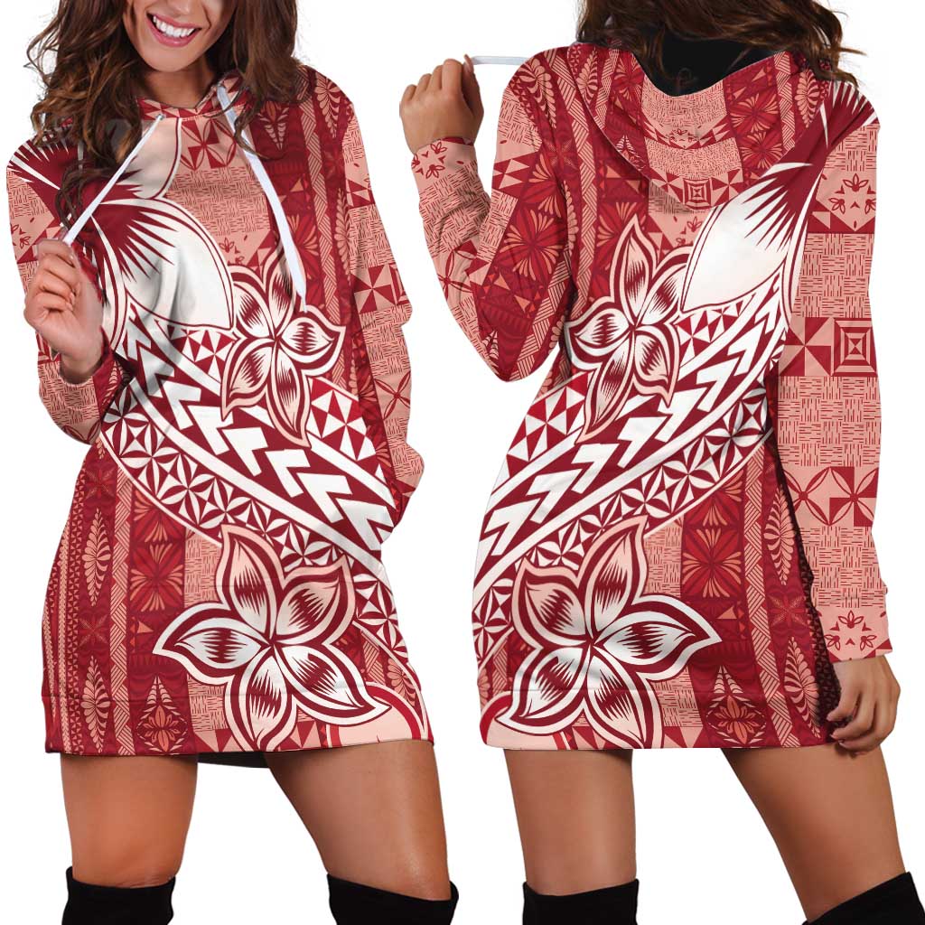 Tonga Kupesi Ngatu Hoodie Dress Vintage Red Plumeria