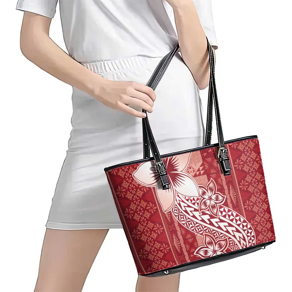 Tonga Kupesi Ngatu Leather Tote Bag Vintage Red Plumeria