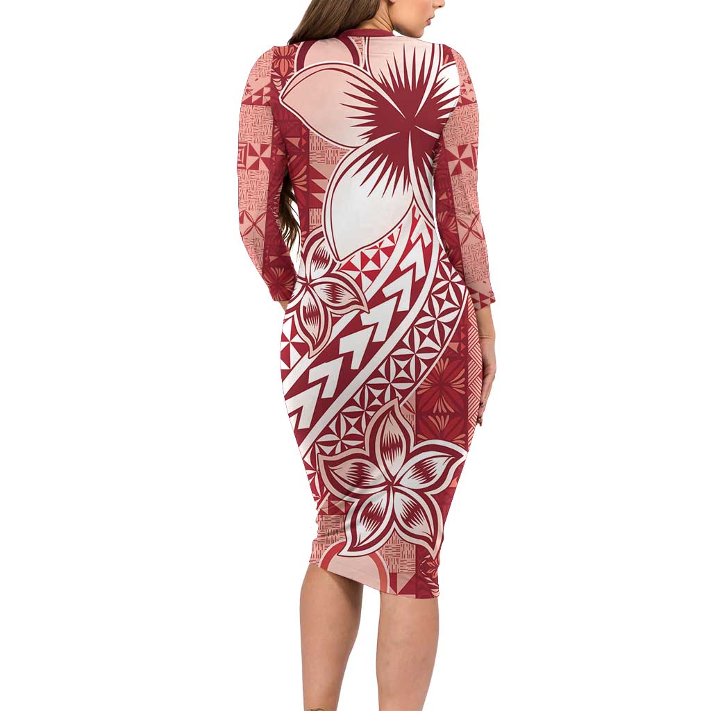 Tonga Kupesi Ngatu Long Sleeve Bodycon Dress Vintage Red Plumeria