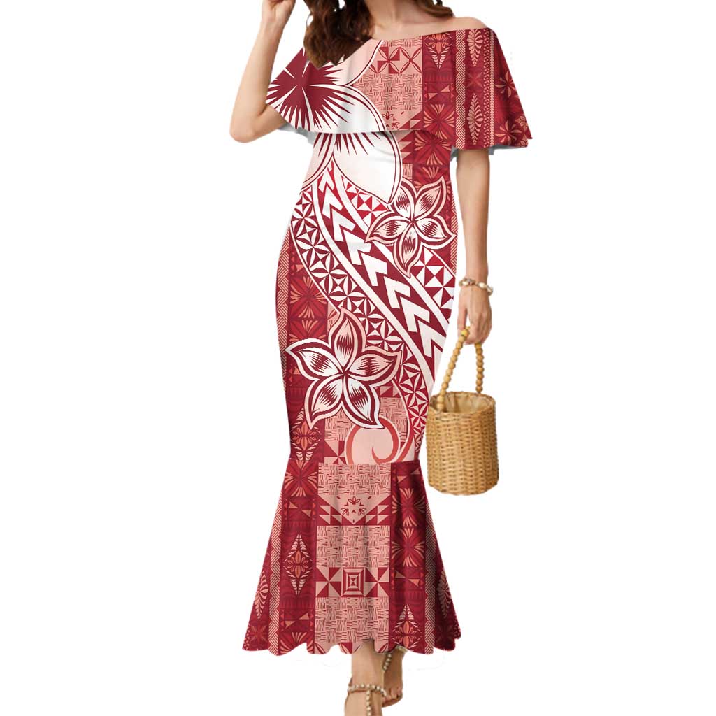 Tonga Kupesi Ngatu Mermaid Dress Vintage Red Plumeria