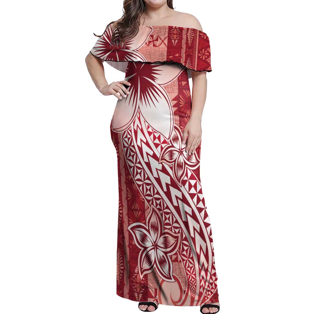 Tonga Kupesi Ngatu Off Shoulder Maxi Dress Vintage Red Plumeria LT05 Women Red - Polynesian Pride