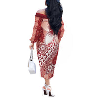 Tonga Kupesi Ngatu Off The Shoulder Long Sleeve Dress Vintage Red Plumeria