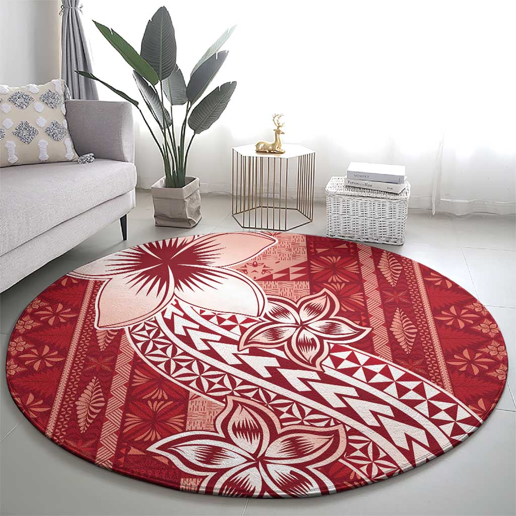 Tonga Kupesi Ngatu Round Carpet Vintage Red Plumeria