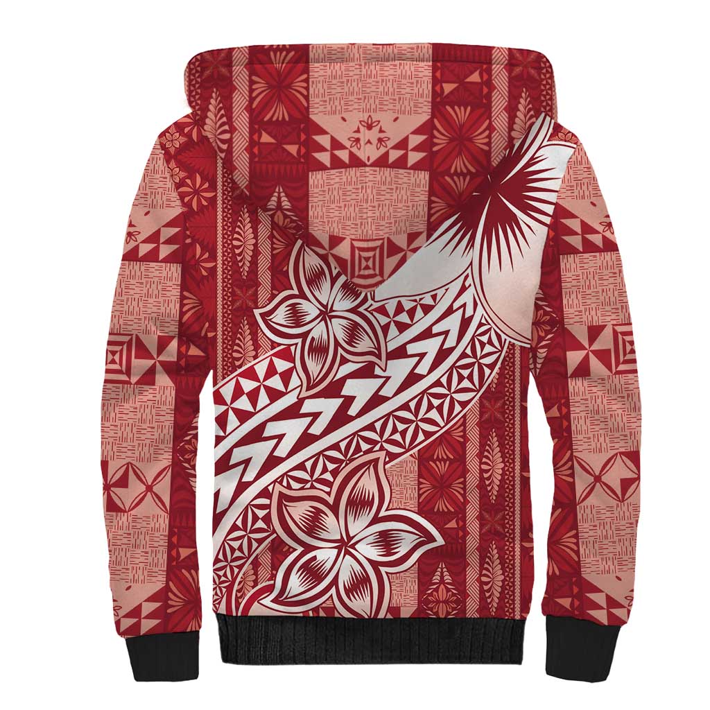 Tonga Kupesi Ngatu Sherpa Hoodie Vintage Red Plumeria