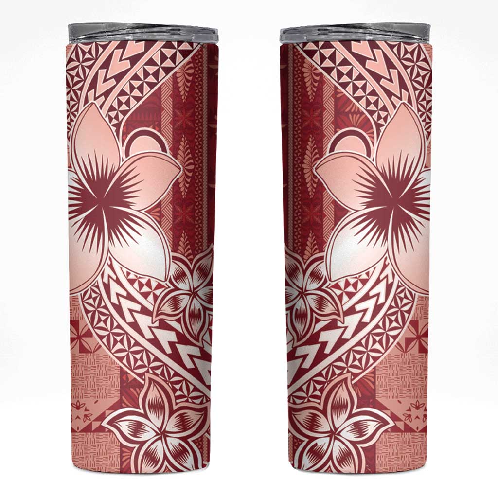 Tonga Kupesi Ngatu Skinny Tumbler Vintage Red Plumeria LT05 Red - Polynesian Pride