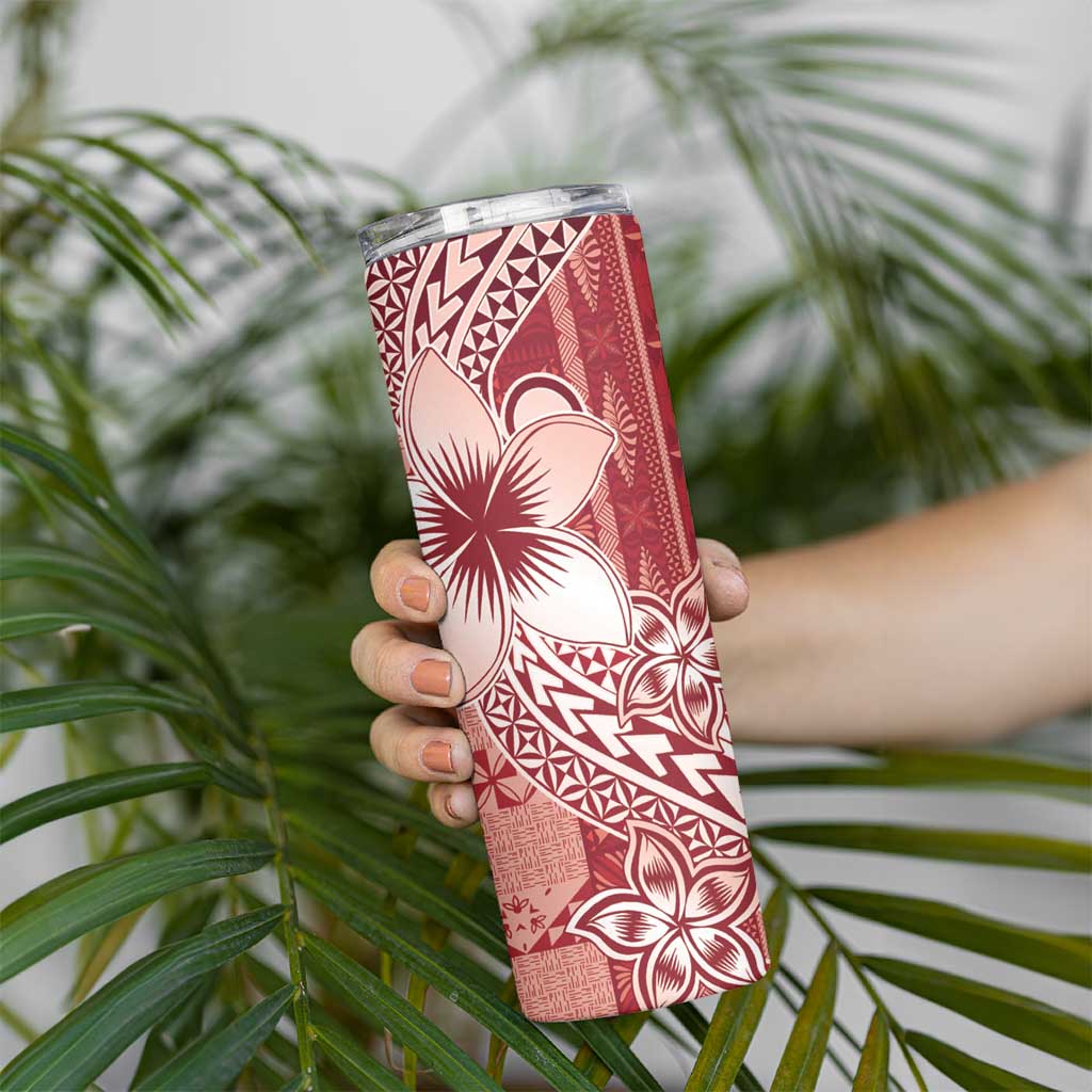 Tonga Kupesi Ngatu Skinny Tumbler Vintage Red Plumeria LT05 - Polynesian Pride