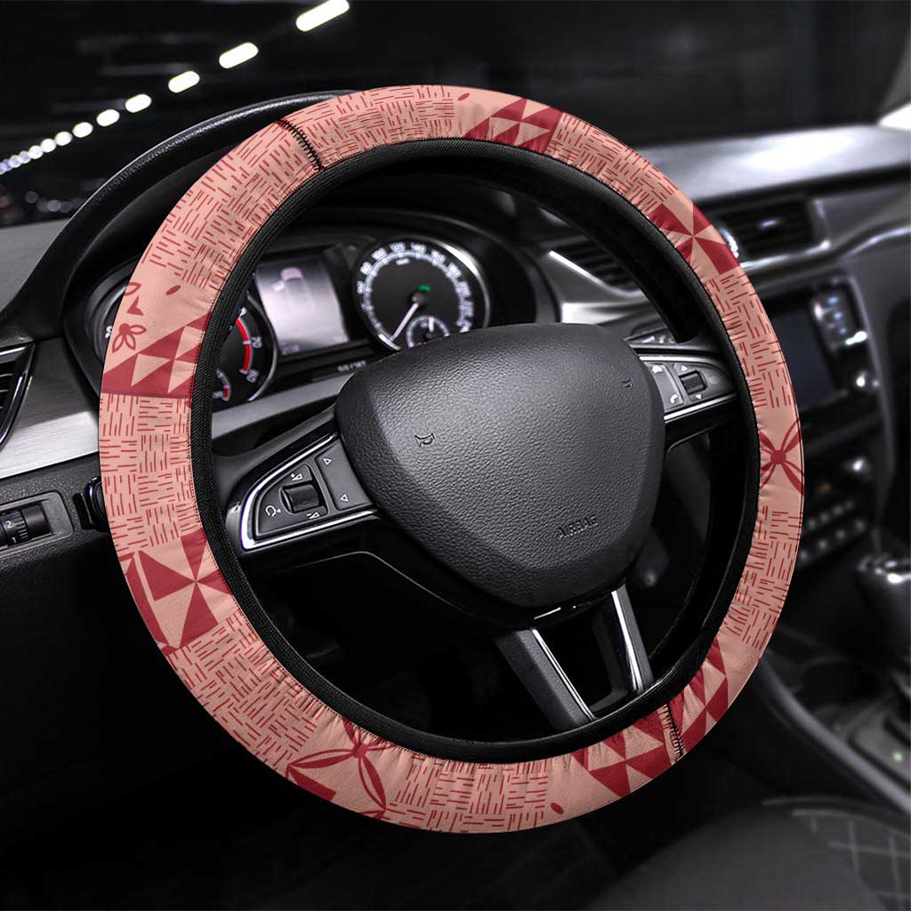 Tonga Kupesi Ngatu Steering Wheel Cover Vintage Red Plumeria