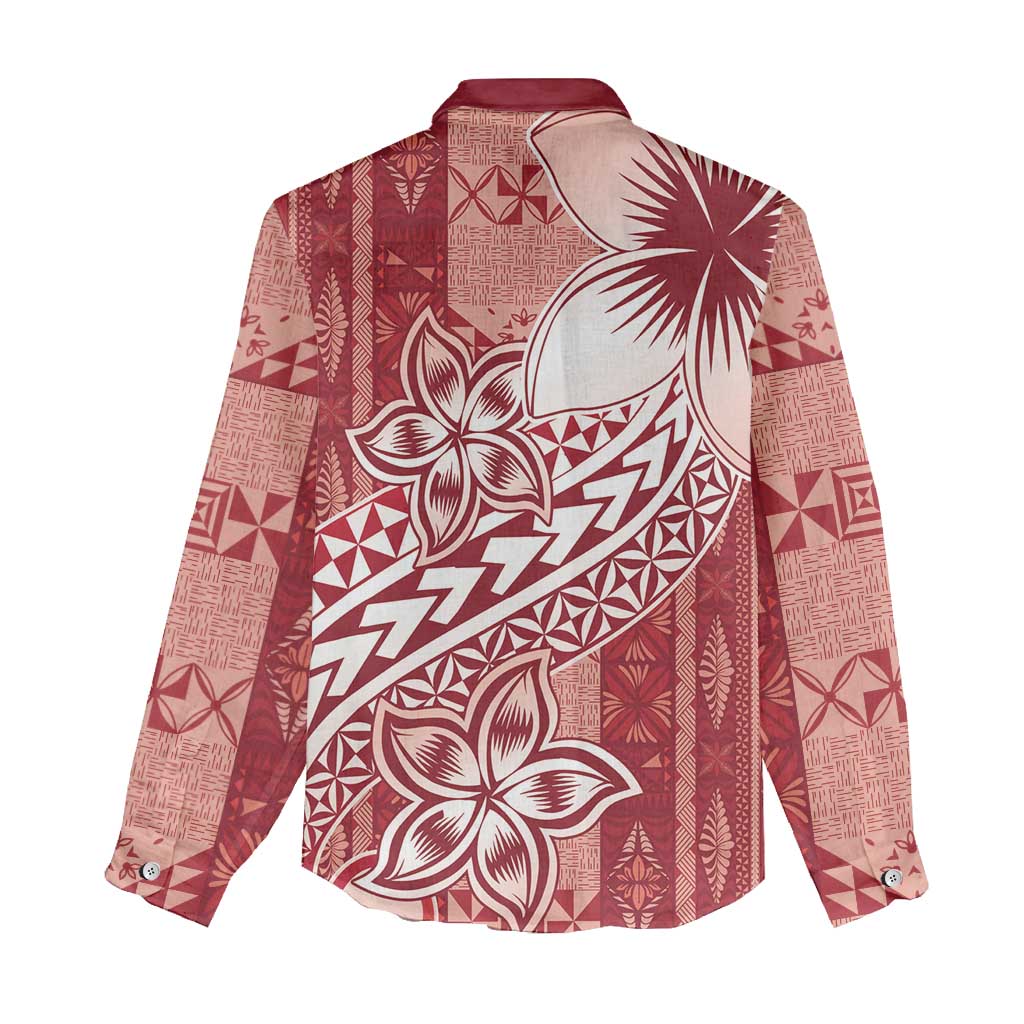 Tonga Kupesi Ngatu Women Casual Shirt Vintage Red Plumeria