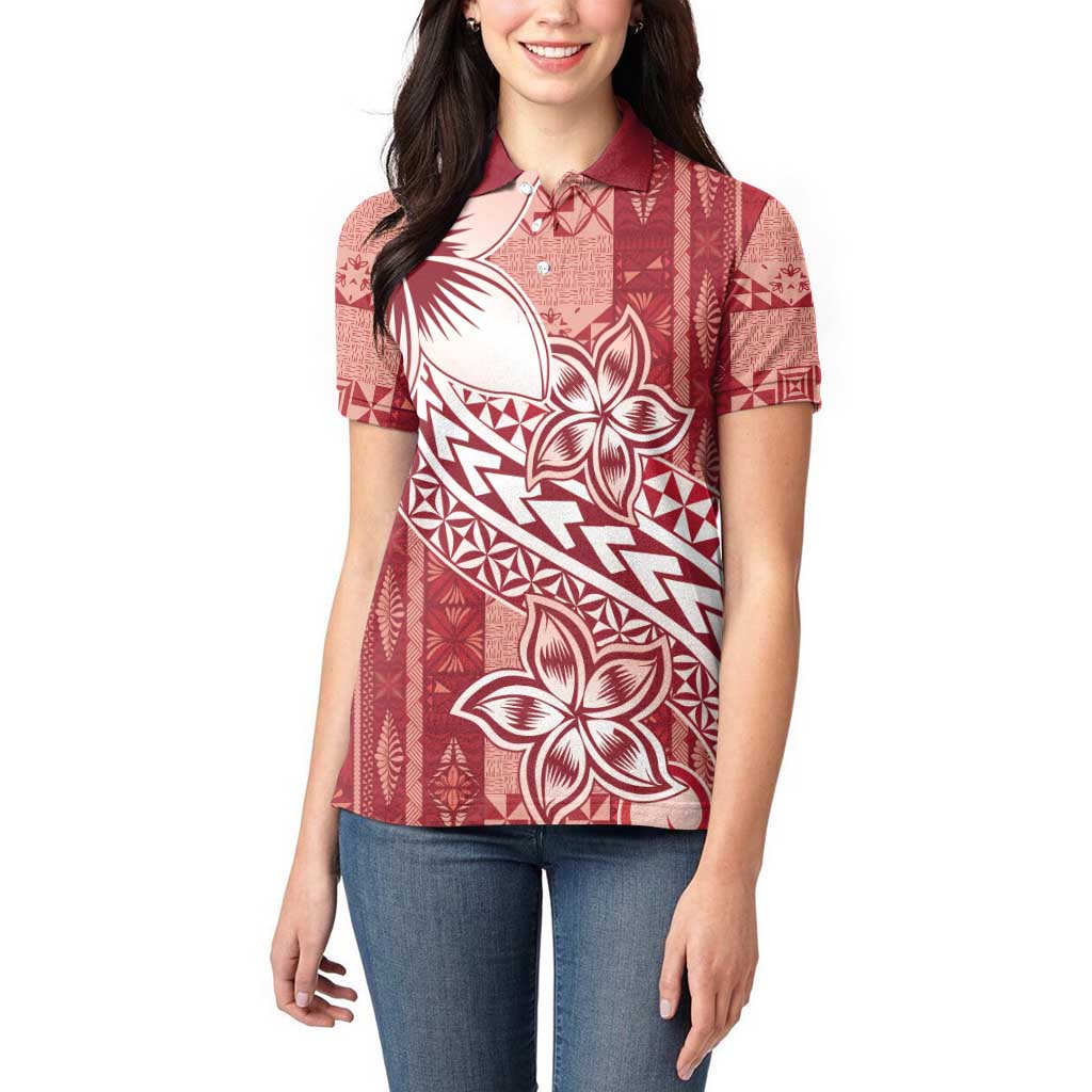 Tonga Kupesi Ngatu Women Polo Shirt Vintage Red Plumeria