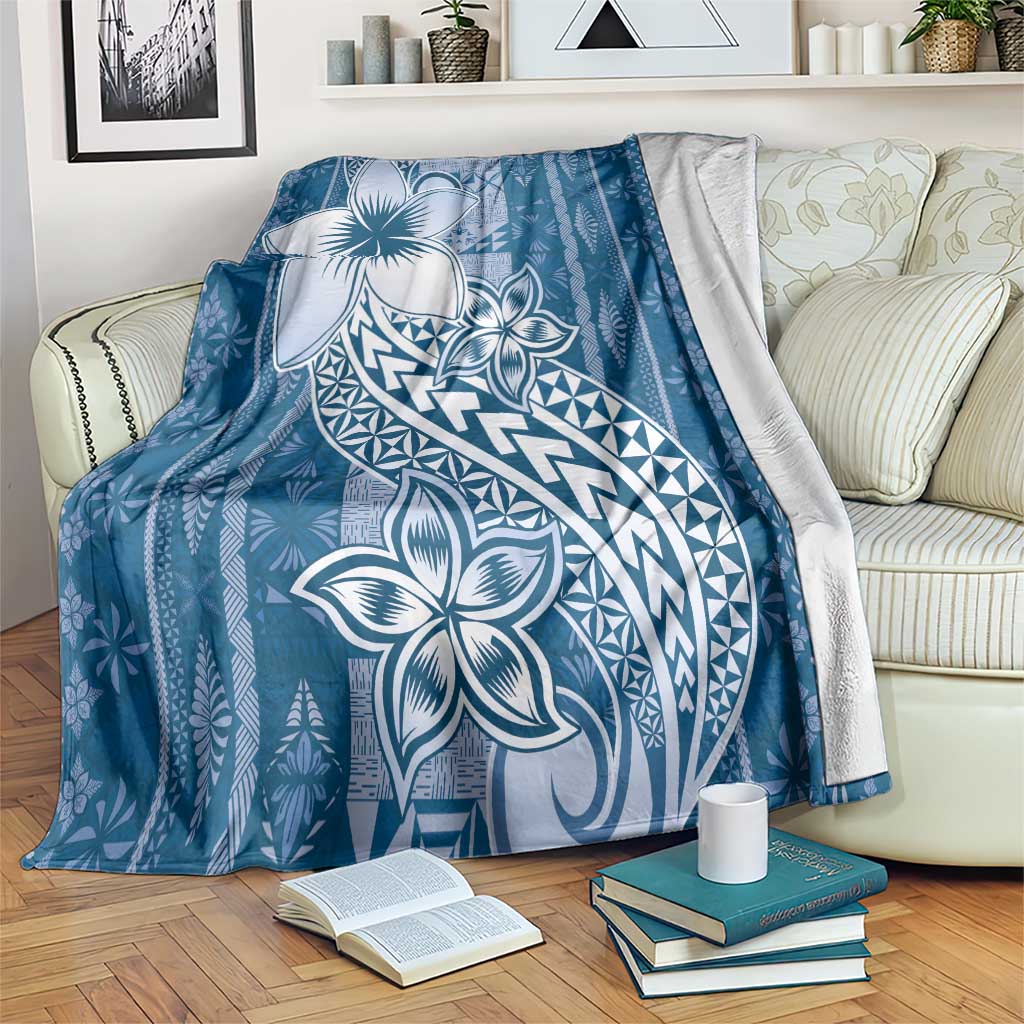 Tonga Kupesi Ngatu Blanket Vintage Blue Plumeria