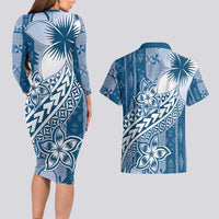 Tonga Kupesi Ngatu Couples Matching Long Sleeve Bodycon Dress and Hawaiian Shirt Vintage Blue Plumeria LT05 - Polynesian Pride