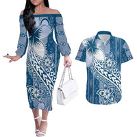 Tonga Kupesi Ngatu Couples Matching Off The Shoulder Long Sleeve Dress and Hawaiian Shirt Vintage Blue Plumeria LT05 Blue - Polynesian Pride