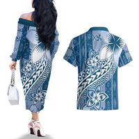 Tonga Kupesi Ngatu Couples Matching Off The Shoulder Long Sleeve Dress and Hawaiian Shirt Vintage Blue Plumeria LT05 - Polynesian Pride