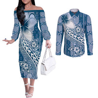 Tonga Kupesi Ngatu Couples Matching Off The Shoulder Long Sleeve Dress and Long Sleeve Button Shirt Vintage Blue Plumeria