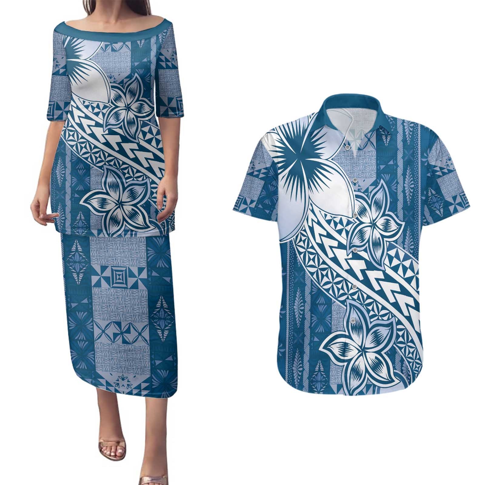 Tonga Kupesi Ngatu Couples Matching Puletasi and Hawaiian Shirt Vintage Blue Plumeria