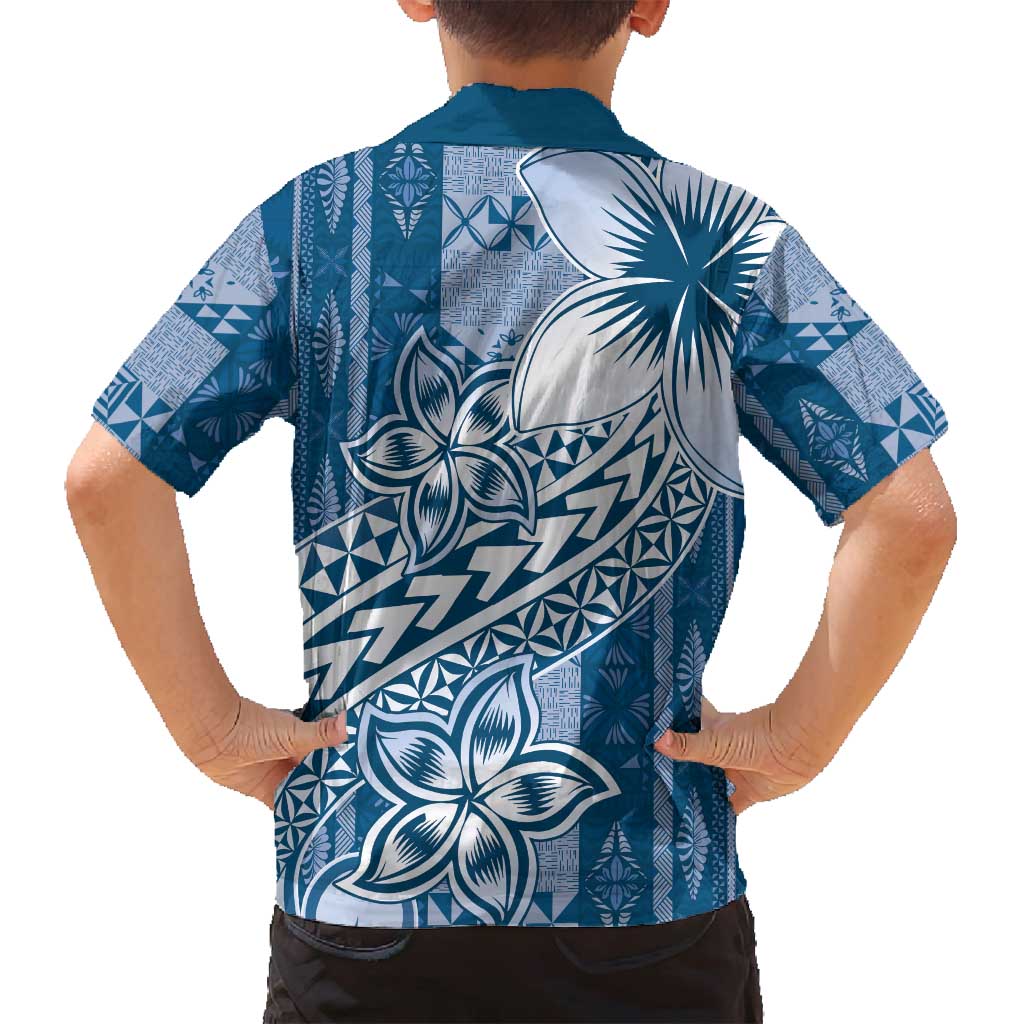 Tonga Kupesi Ngatu Family Matching Long Sleeve Bodycon Dress and Hawaiian Shirt Vintage Blue Plumeria LT05 - Polynesian Pride
