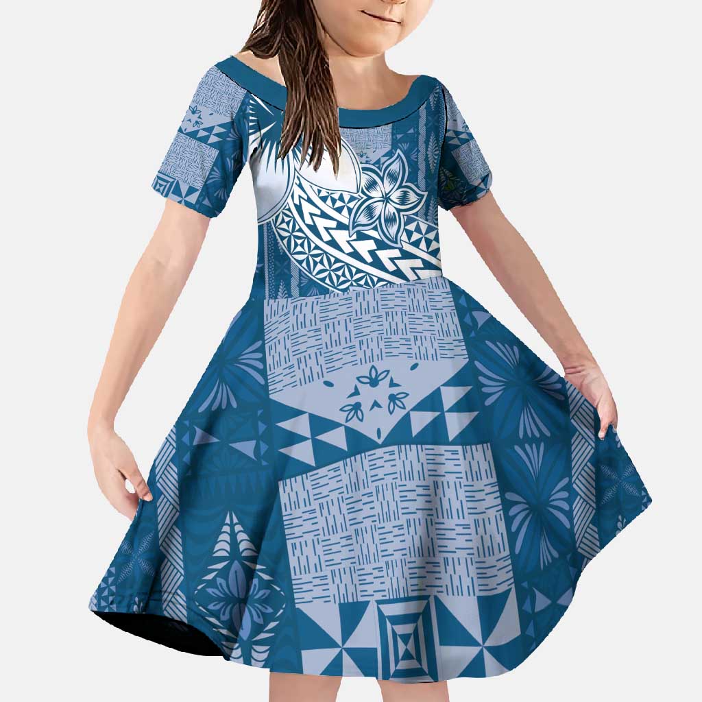 Tonga Kupesi Ngatu Family Matching Long Sleeve Bodycon Dress and Hawaiian Shirt Vintage Blue Plumeria LT05 Daughter's Dress Blue - Polynesian Pride