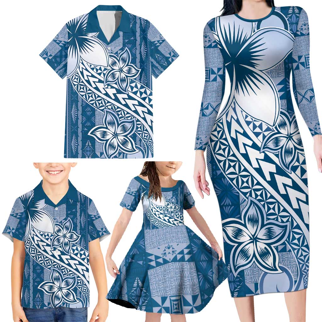 Tonga Kupesi Ngatu Family Matching Long Sleeve Bodycon Dress and Hawaiian Shirt Vintage Blue Plumeria LT05 - Polynesian Pride