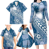 Tonga Kupesi Ngatu Family Matching Long Sleeve Bodycon Dress and Hawaiian Shirt Vintage Blue Plumeria LT05 - Polynesian Pride