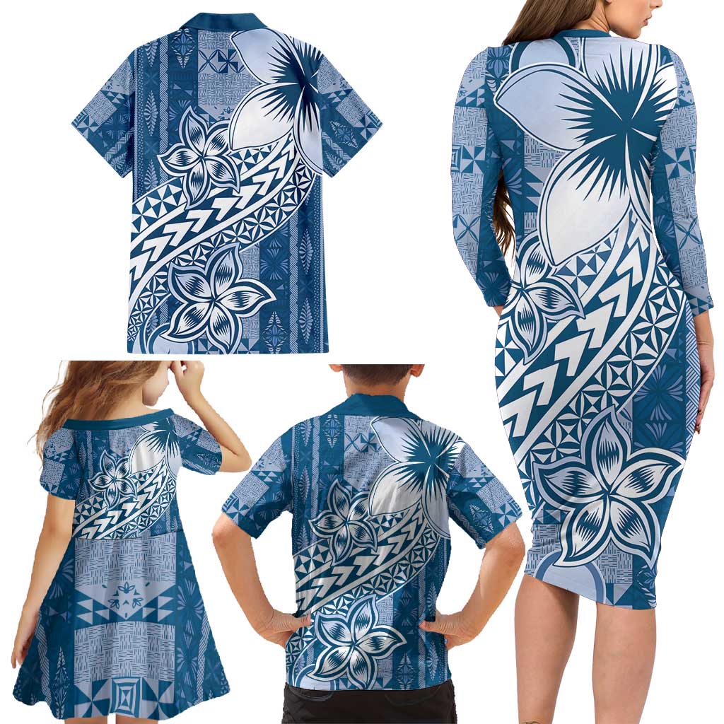 Tonga Kupesi Ngatu Family Matching Long Sleeve Bodycon Dress and Hawaiian Shirt Vintage Blue Plumeria LT05 - Polynesian Pride