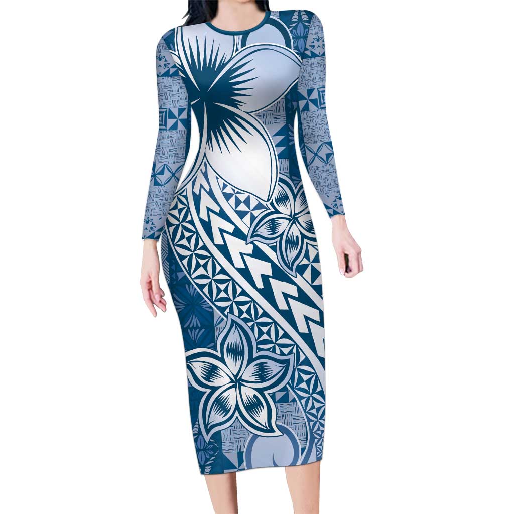 Tonga Kupesi Ngatu Family Matching Long Sleeve Bodycon Dress and Hawaiian Shirt Vintage Blue Plumeria LT05 Mom's Dress Blue - Polynesian Pride