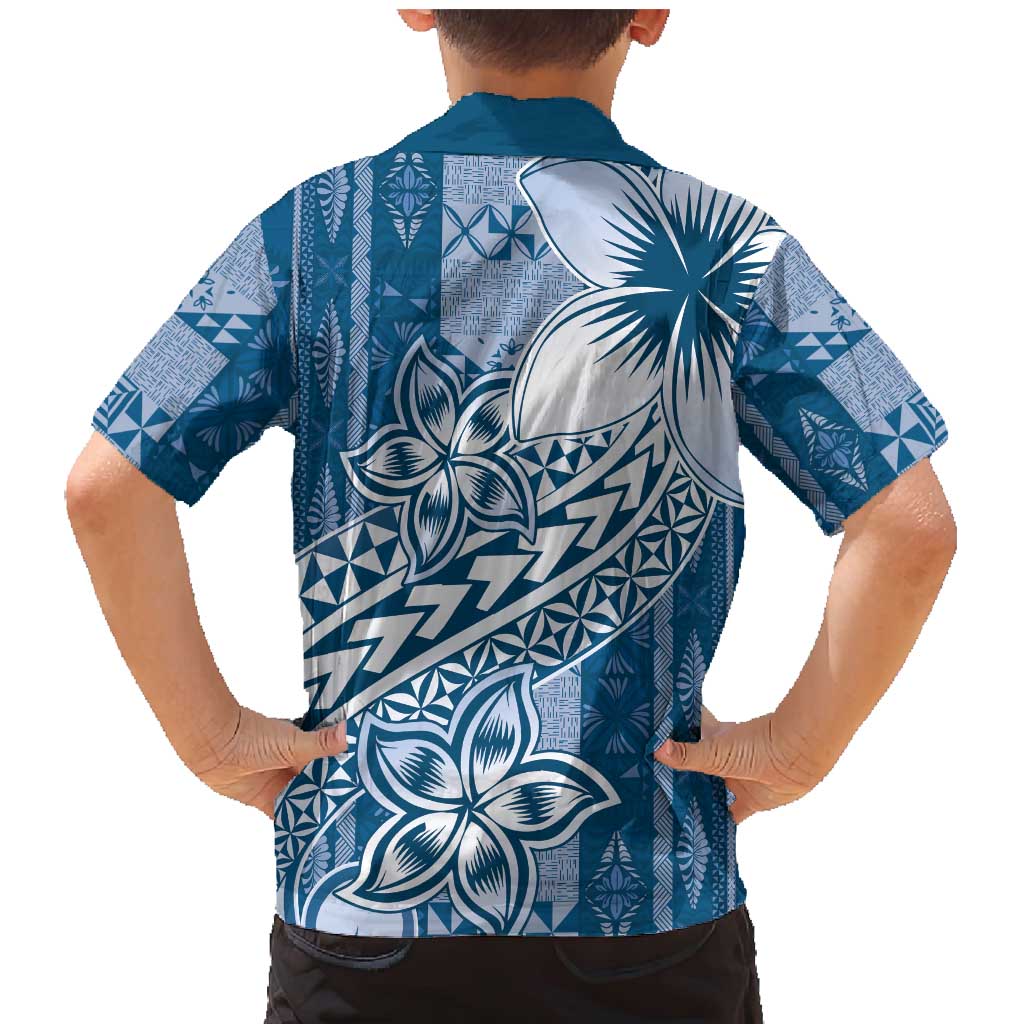 Tonga Kupesi Ngatu Family Matching Mermaid Dress and Hawaiian Shirt Vintage Blue Plumeria LT05 - Polynesian Pride