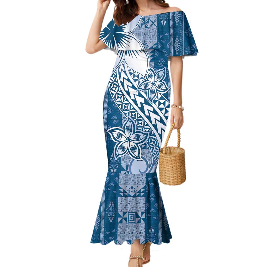 Tonga Kupesi Ngatu Family Matching Mermaid Dress and Hawaiian Shirt Vintage Blue Plumeria LT05 Mom's Dress Blue - Polynesian Pride