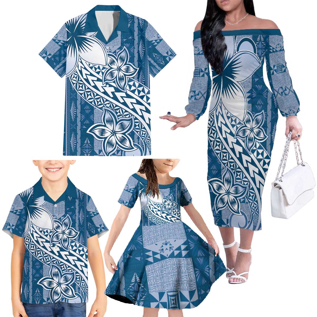 Tonga Kupesi Ngatu Family Matching Off The Shoulder Long Sleeve Dress and Hawaiian Shirt Vintage Blue Plumeria LT05 - Polynesian Pride