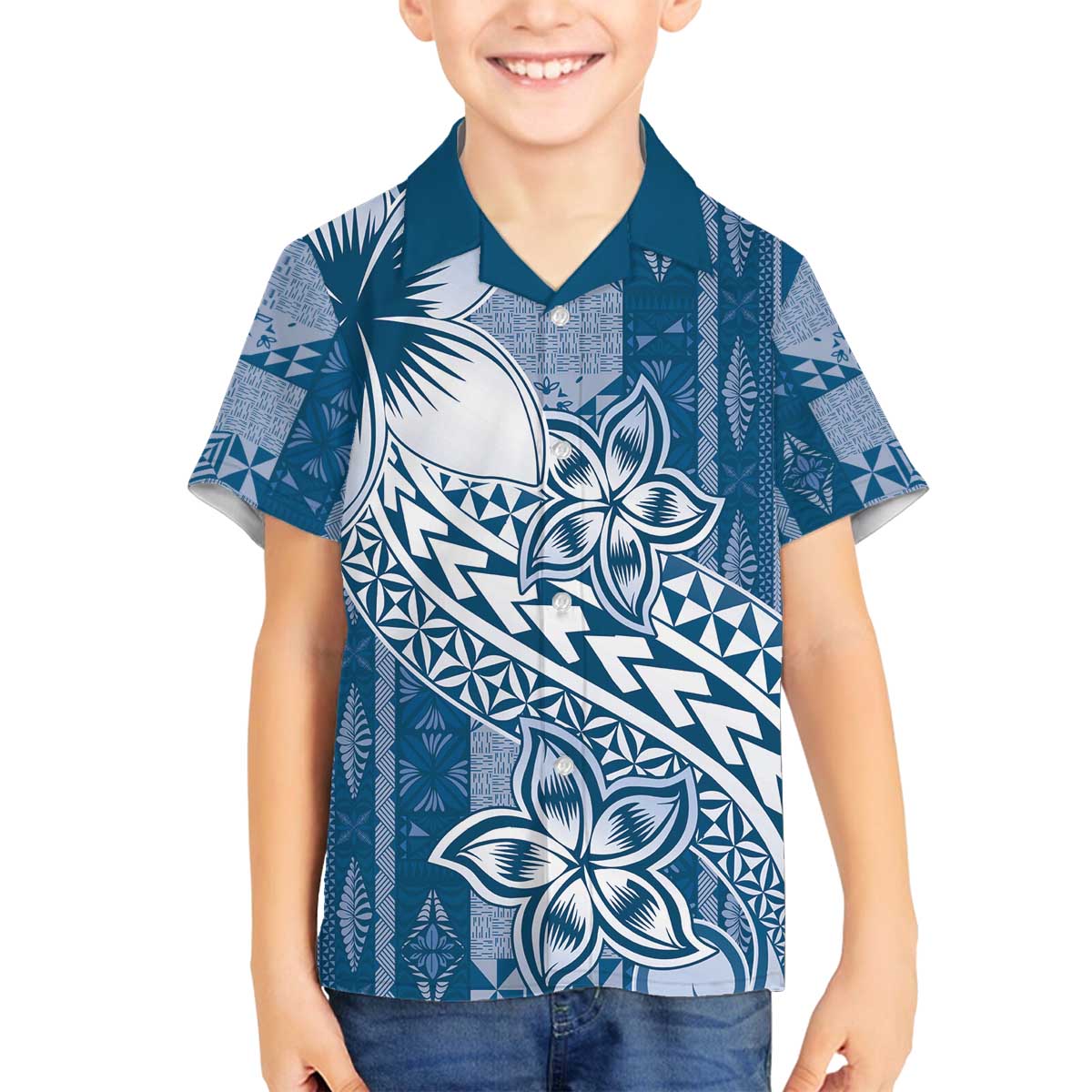 Tonga Kupesi Ngatu Family Matching Off The Shoulder Long Sleeve Dress and Hawaiian Shirt Vintage Blue Plumeria LT05 Son's Shirt Blue - Polynesian Pride