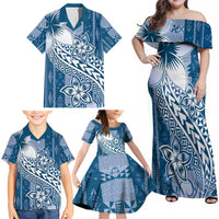 Tonga Kupesi Ngatu Family Matching Off Shoulder Maxi Dress and Hawaiian Shirt Vintage Blue Plumeria