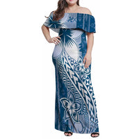 Tonga Kupesi Ngatu Family Matching Off Shoulder Maxi Dress and Hawaiian Shirt Vintage Blue Plumeria