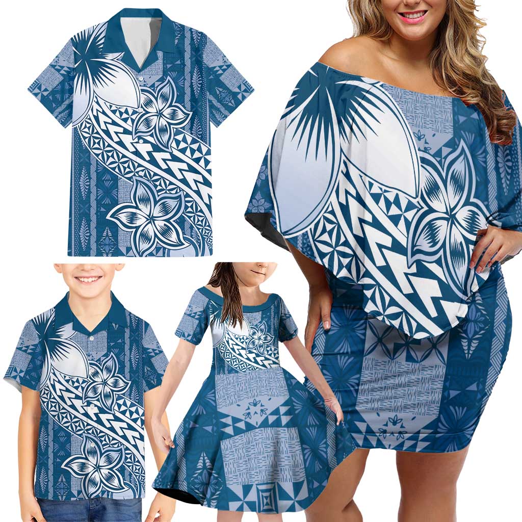Tonga Kupesi Ngatu Family Matching Off Shoulder Short Dress and Hawaiian Shirt Vintage Blue Plumeria