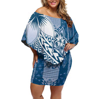Tonga Kupesi Ngatu Family Matching Off Shoulder Short Dress and Hawaiian Shirt Vintage Blue Plumeria