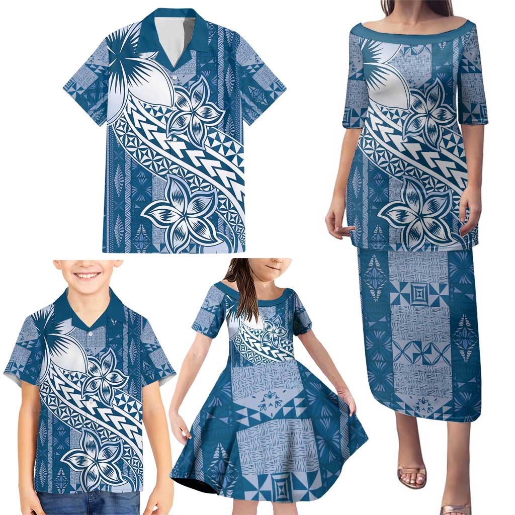 Tonga Kupesi Ngatu Family Matching Puletasi and Hawaiian Shirt Vintage Blue Plumeria LT05 - Polynesian Pride