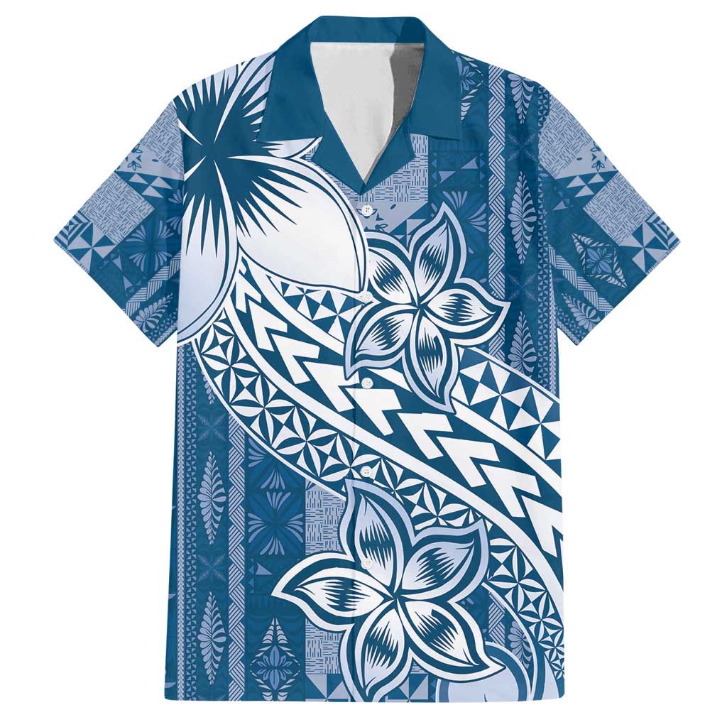 Tonga Kupesi Ngatu Family Matching Puletasi and Hawaiian Shirt Vintage Blue Plumeria LT05 Dad's Shirt - Short Sleeve Blue - Polynesian Pride