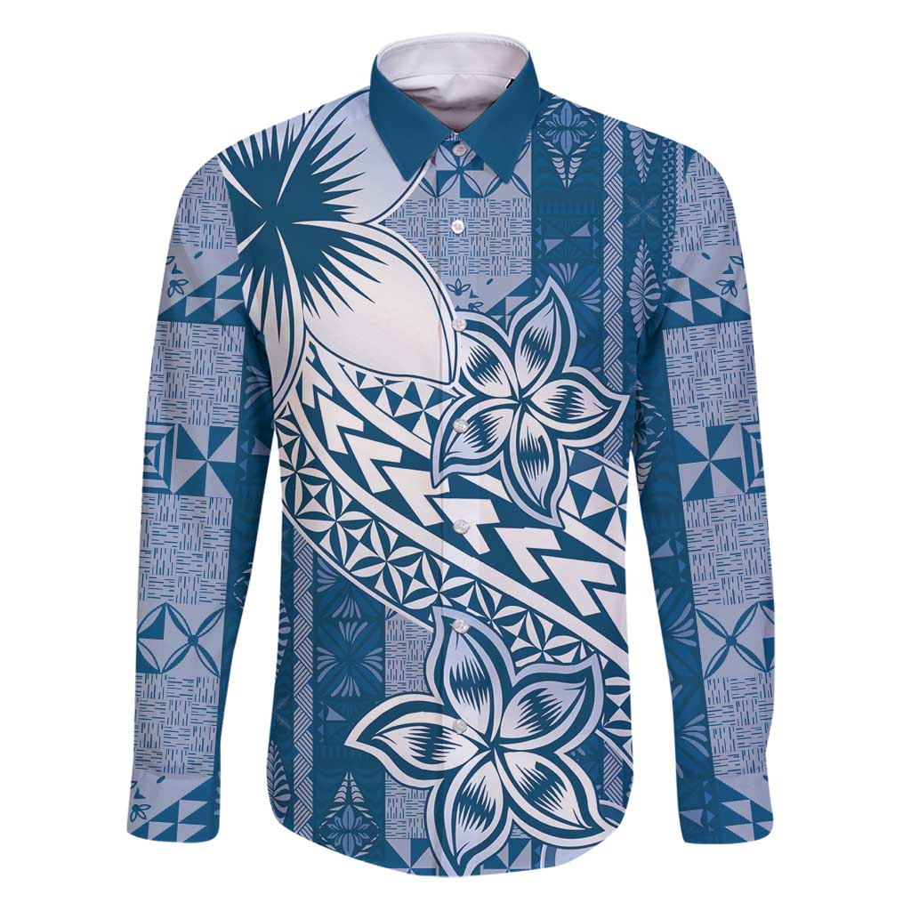 Tonga Kupesi Ngatu Family Matching Puletasi and Hawaiian Shirt Vintage Blue Plumeria LT05 Dad's Shirt - Long Sleeve Blue - Polynesian Pride