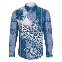Tonga Kupesi Ngatu Family Matching Puletasi and Hawaiian Shirt Vintage Blue Plumeria LT05 Dad's Shirt - Long Sleeve Blue - Polynesian Pride
