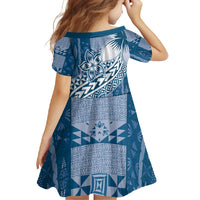 Tonga Kupesi Ngatu Family Matching Short Sleeve Bodycon Dress and Hawaiian Shirt Vintage Blue Plumeria LT05 - Polynesian Pride