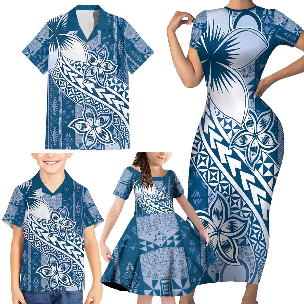 Tonga Kupesi Ngatu Family Matching Short Sleeve Bodycon Dress and Hawaiian Shirt Vintage Blue Plumeria LT05 - Polynesian Pride