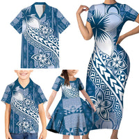 Tonga Kupesi Ngatu Family Matching Short Sleeve Bodycon Dress and Hawaiian Shirt Vintage Blue Plumeria LT05 - Polynesian Pride