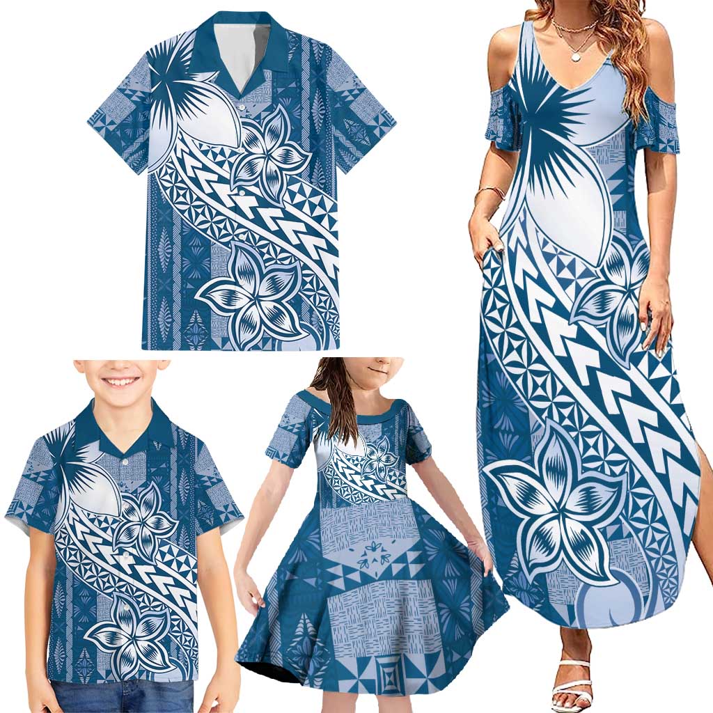 Tonga Kupesi Ngatu Family Matching Summer Maxi Dress and Hawaiian Shirt Vintage Blue Plumeria
