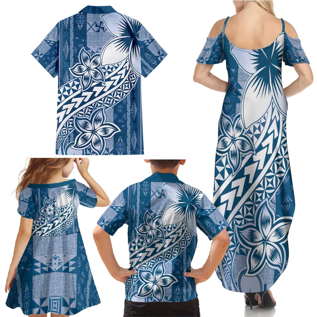 Tonga Kupesi Ngatu Family Matching Summer Maxi Dress and Hawaiian Shirt Vintage Blue Plumeria