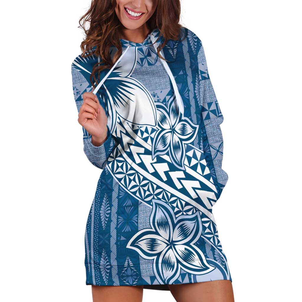 Tonga Kupesi Ngatu Hoodie Dress Vintage Blue Plumeria