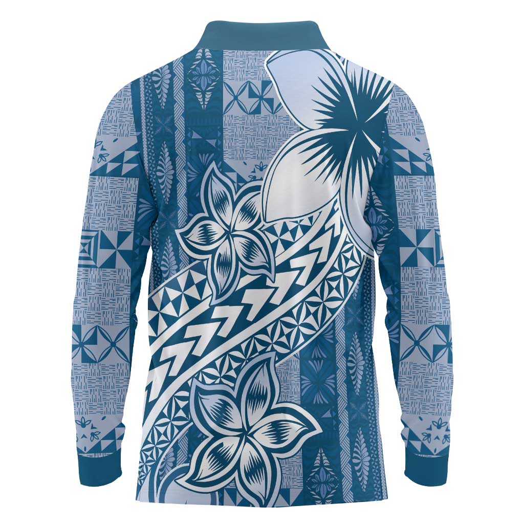 Tonga Kupesi Ngatu Long Sleeve Polo Shirt Vintage Blue Plumeria