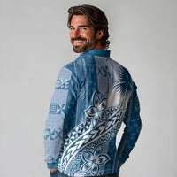 Tonga Kupesi Ngatu Long Sleeve Polo Shirt Vintage Blue Plumeria