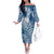 Tonga Kupesi Ngatu Off The Shoulder Long Sleeve Dress Vintage Blue Plumeria