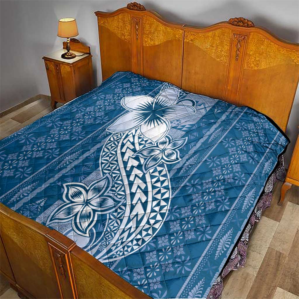 Tonga Kupesi Ngatu Quilt Vintage Blue Plumeria
