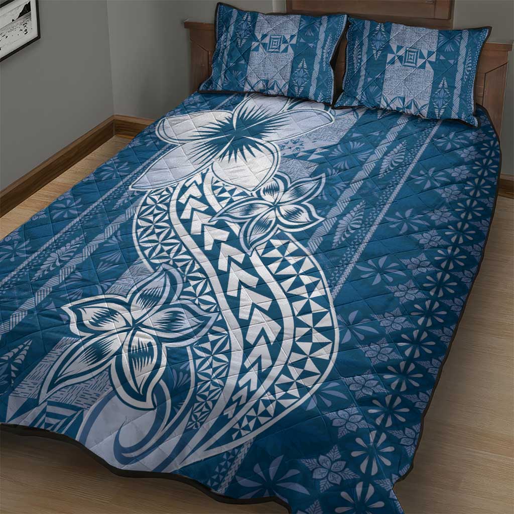 Tonga Kupesi Ngatu Quilt Bed Set Vintage Blue Plumeria
